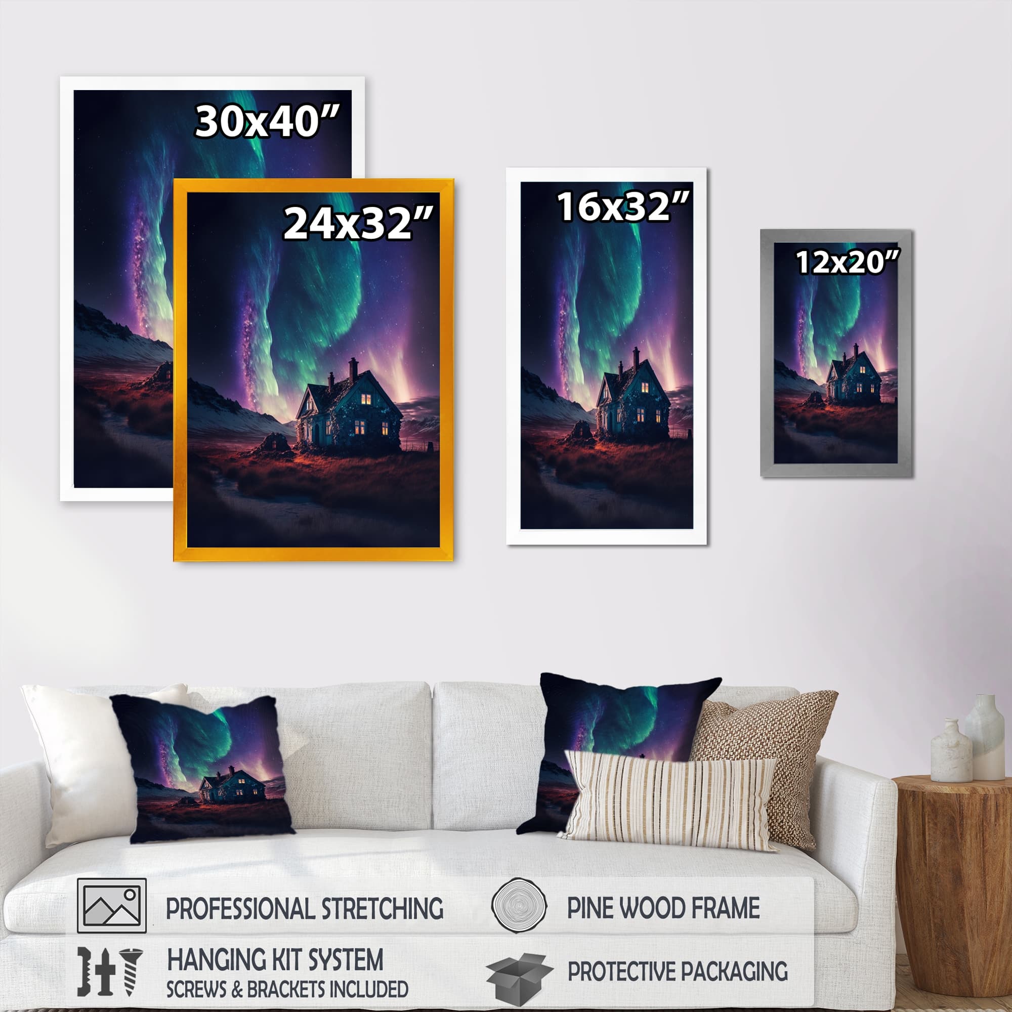 Designart "Countryhouse With Vibrant Northern Lights" Landscape